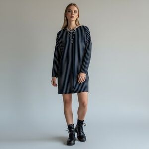 Zara Navy and Gray Striped Drop Shoulder Long Sleeve Knit Pull Over Mini Dress